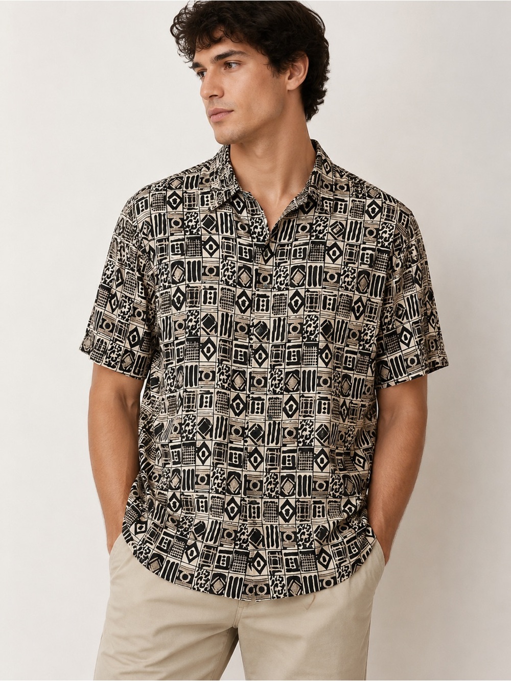 Porcini Silk Men's 100% Silk Geometric Print Button-Up Short Sleeve Shirt Size L